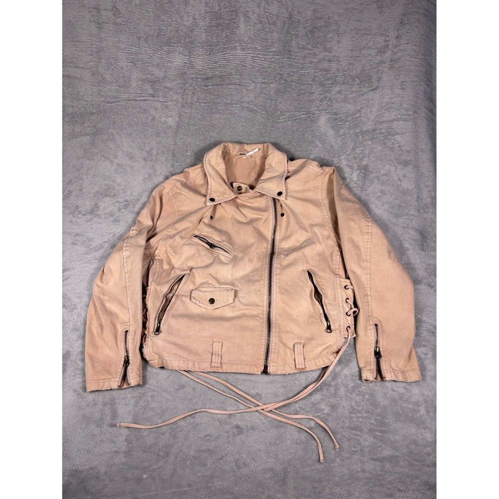 Free People Biker Jacket Womens M Pink Long Sleeve Full Zip Asymmetric Collared